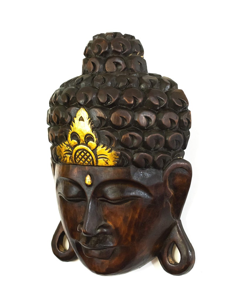 G6 Collection 12" Wooden Wall Mask Serene Buddha Head Statue Hand Carved Sculpture Handmade Figurine Gift Home Decor Accent Handcrafted Art Wall Hanging Decoration Buddha Face Mask, Black - Image 3